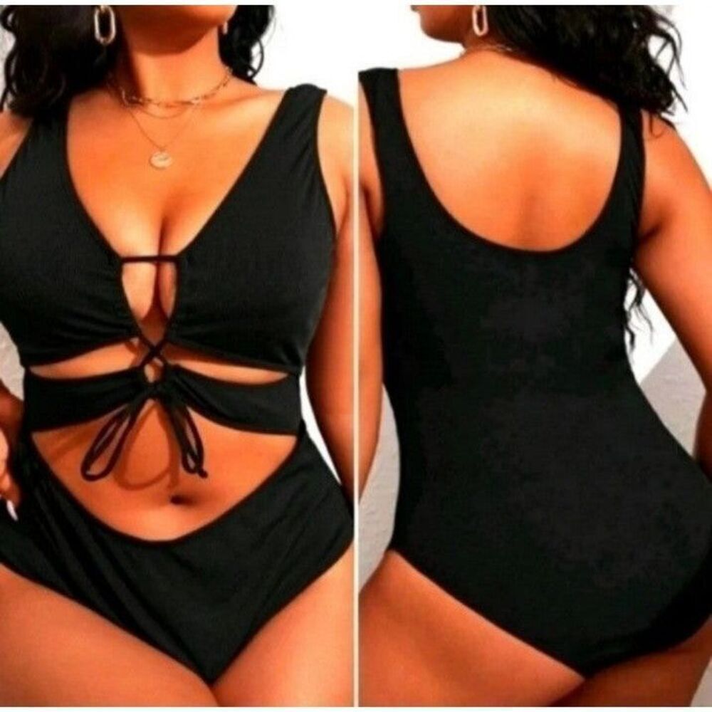 Womens Plus Size Slimming Black cut-out one pc swimsuit sz 1X
